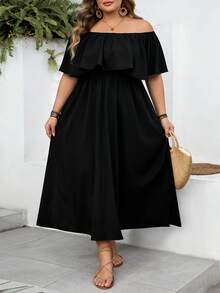 SHEIN CURVE+ Curve 尺码 US22 音乐节、海滨度假、波西米亚风黑色露肩宽松 A 字连衣裙、休闲度假连衣裙、黑色时尚连衣裙 - 黑色 - 查看 5