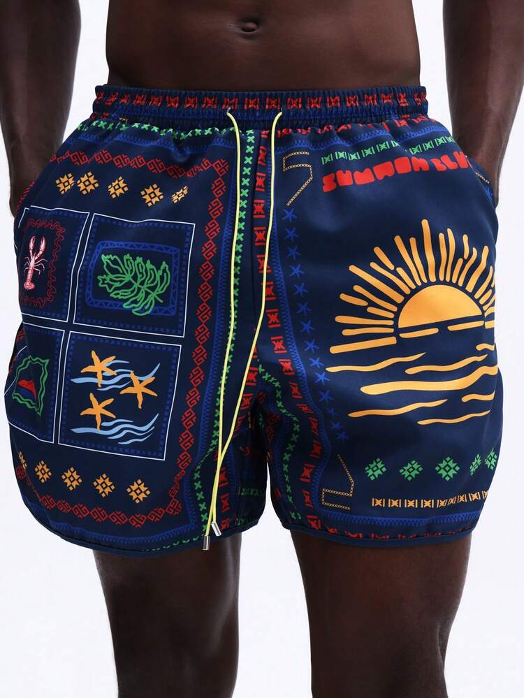 Patchwork Print Beach Shorts With Curved Hem