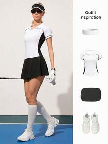 Gameset SHEIN Sport 女士简约撞色插肩袖高尔夫Polo衫，夏季 - 黑與白 - 查看 4
