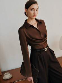 Anewsta 优雅褶裥领长袖衬衫，时尚百搭，适合新年、春季、夏季、情人节、派对等场合。 - 咖啡棕 - 查看 4