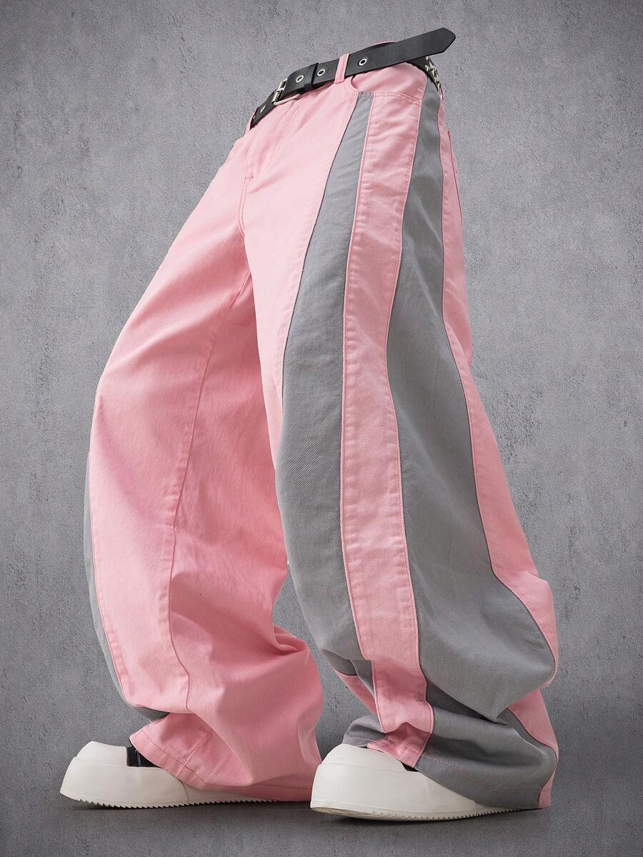 Manfinity Denimwave Quần jeans nam ống rộng phối màu tương phản, kiểu dáng thoải mái, đa năng; Quần dài nam màu hồng dáng rộng; Quần kẻ sọc nam. - Rửa nhẹ - Xem 1