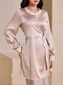 Graceveil Satin Beaded Tie Waist Long Sleeve Elegant Blouse For Women - Champagne - View 3