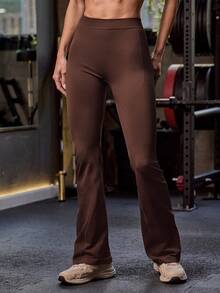 Easithlete 女士弹力高腰纯色喇叭紧身裤，运动服 - 咖啡棕 - 查看 2