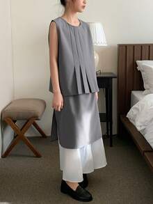 DAZY 少女休闲百褶无袖上衣和迷你裙套装，夏季 - 灰色 - 查看 3