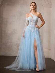 MOTF Soiréza VESTIDO DE CÓCTEL DE MUJER CON CONTRASTE DE LENTEJUELAS Y MALLA - Azul - Ver 1