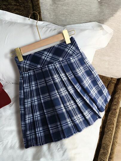 SHEIN Teen GirlCasual Pleated Plaid Skirt, Navy Blue & White, Suitable For Outings, School, Commuting And Daily Wear Pleated Skirt Navy Blue Plaid Skirt Plaid Pleated Skirt