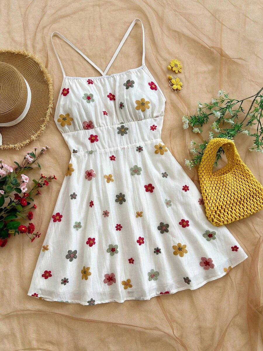 Soleia 女士度假风蓝白碎花露背吊带A字迷你连衣裙，适合秋冬季叠穿，派对装 - 彩色 - 查看 1