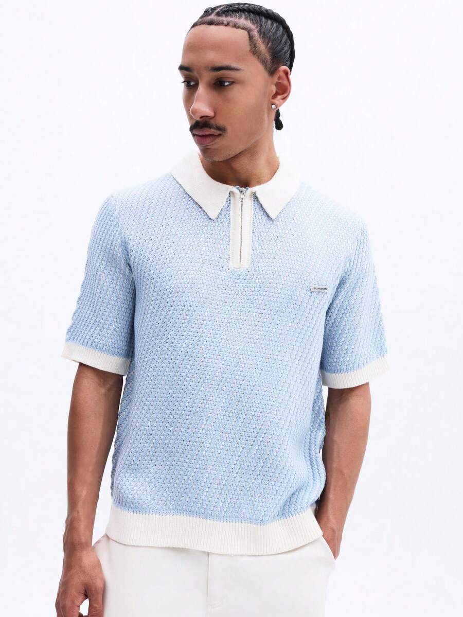 SUMWON Relaxed Quarter Zip Textured Knit Polo Short Sleeve Collared Spring Summer Casual Everyday - Blue - View 1