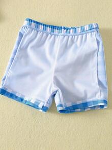 男女宝宝两件套可爱鲸鱼图案蓝色格子泳衣，防晒泳装，适合海滩度假游泳 - 藏蓝色 - 查看 7