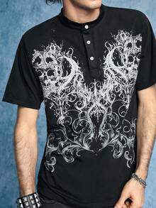 ROMWE MEN Goth Men's Casual Henley Neck Printed Short Sleeve T-Shirt, Summer - Black - View 1