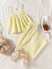 Tween Girls Casual Basic Vacation T-Shirt Set, White Spaghetti Strap Loose Lace Trim Top And White Wide Leg Pants White Outfit - Yellow - View 2