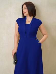 SHEIN Clasi 大码优雅纽扣装饰办公连衣裙 - 寶藍色 - 查看 1