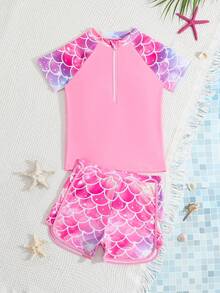 SHEIN Tween Girls' Gradient Ombre Fish Scale Print Half-Zip Front Tankinis Swimsuit, Beach Vacation Style, Summer - Pink - View 3