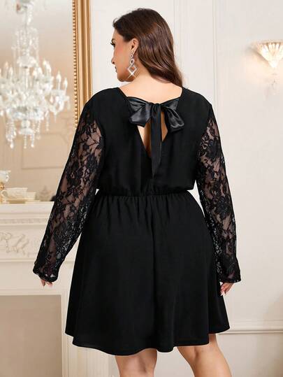 SHEIN Clasi Plus Size Elegant Lace Patchwork Long Sleeve Dress With Bow Tie Back Summer,Spring,Summer Outfits ,Summer Clothes,Summer Holiday Outfits,Spring Outfit Women,Spring Clothing,Spring Women,Summer Dress,Spring Dress, Elegant Dresses For Women ,Elegant Dress For Women,Elegant Dresses,Elegant Dresses For Party ,Elegant Long Dress Carnival,Carnival Costume,Carnival Women,Carnival Outfit,Carnival Women Look 2026,Fasching Women Costume ,Women Carnival Costume,Carnival Black