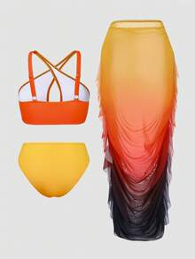 Slaydiva 加大码渐变色镂空领两件套比基尼和高腰短裙套装 - 彩色 - 查看 2