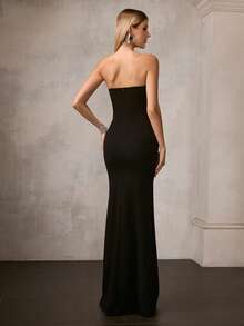 MOTF Soiréza 女士无肩带修身鱼尾晚礼服，胸下饰有水钻装饰带，自然垂坠的鱼尾裙摆，适合婚礼、盛大晚宴、颁奖典礼和正式招待会等场合。 - 黑色 - 查看 4