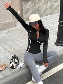 Dewbera 女士长袖拉链修身运动夹克 - 黑與白 - 查看 4