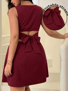 Solflare Vestido casual feminino plus size vermelho vinho com costas abertas e amarração na cintura. - Borgonha - Ver 1