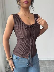 SHEIN Elenzya 女士优雅通勤休闲度假时尚针织纹理蝴蝶结无袖上衣，圆领纽扣闭合，棕色 - 鏽棕色 - 查看 5