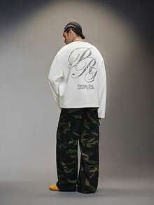 PAVTROS 男士休闲字母印花长袖T恤，春秋季男士字母图案卫衣长袖图案上衣男士图案套头衫图案圆领衫男士宽松街头服饰男士宽松街头服饰男士长袖图案 - 白色 - 查看 5