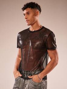 FeverCity Men's Mesh Round Neck Short Sleeve Casual T-Shirt - Black - View 4