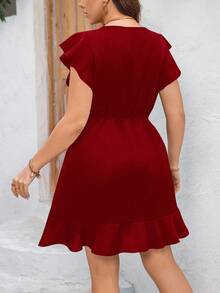 SHEIN Clasi 大码夏季休闲纯色荷叶边连衣裙，女士办公着装 - 紅色 - 查看 2