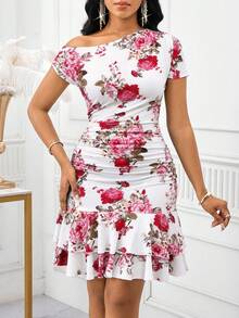 SHEIN Lady Women's Floral Print Ruched Ruffled Hem Fitted Asymmetric Sleeve Mini Dress - Multicolor - View 3