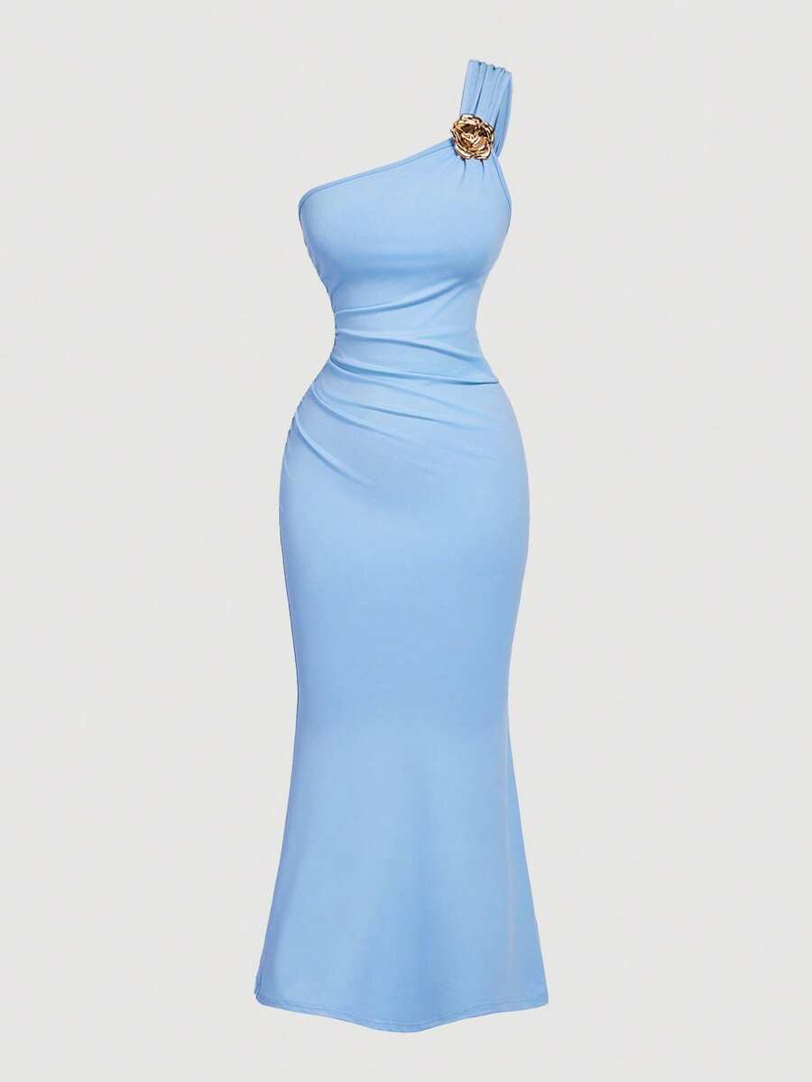 SHEIN X Hannahelzahed SHEIN MOD Solid Color Fitted Elegant Summer Dress With Brooch Decor, Asymmetric Neck And Ruched Fishtail Hem - Blue - View 1