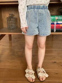 DAZY Girls (Small) Rhinestone Embellished Denim Shorts - Light Wash - View 6