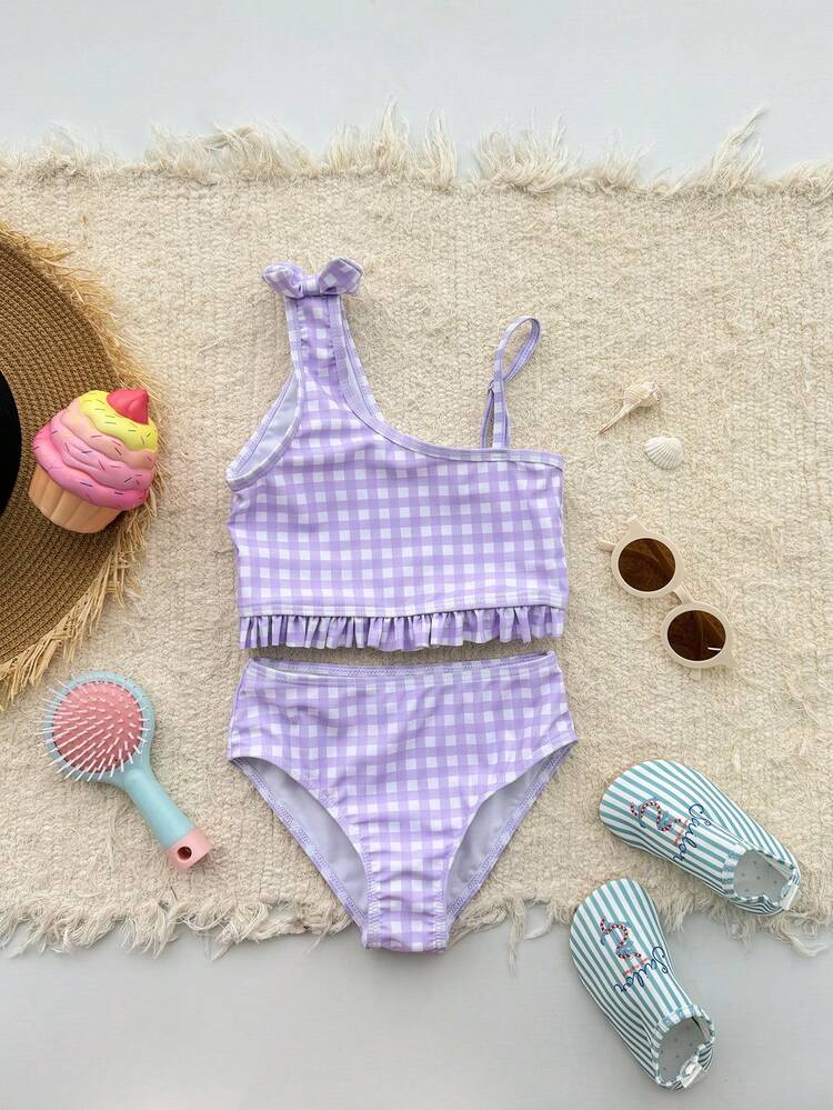 Young Girls' Plaid Bikini Swimwear Set, Cute Purple Swimwear For Beach Vacation