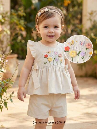 Cozy Pixies 2pcs Baby Girl Floral Print Crew Neck Sleeveless Top And Elastic Waist Shorts Set Toddler Flower Clothes Linen Sets For Toddler Girl Wildflower Baby Clothes Baby Girl Summer Clothes Baby Girls Sets 100 Cotton Two Piece Set For Baby Girls