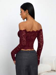 SHEIN PETITE 女士蕾丝性感透视镂空露肩长袖上衣，酒红色，适合圣诞节、万圣节、亡灵节、秋冬季叠穿，红色上衣，圣诞节 - 酒紅色 - 查看 3