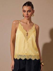 SHEIN BAE 黑白撞色V领缎面吊带背心，适合派对、鸡尾酒会、生日、伴娘、婚礼宾客、早午餐等场合，优雅无袖吊带背心，春夏款 - 黃色 - 查看 6