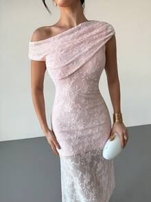 Firerie Women's Elegant Minimalist Delicate Romantic Sweet Daily Fashion Wedding Guest Birthday Party Festival Cocktail Vacation Asymmetric Bodycon Mermaid Textured Fabric Pink Mid-Length Dress - Baby Pink - View 1