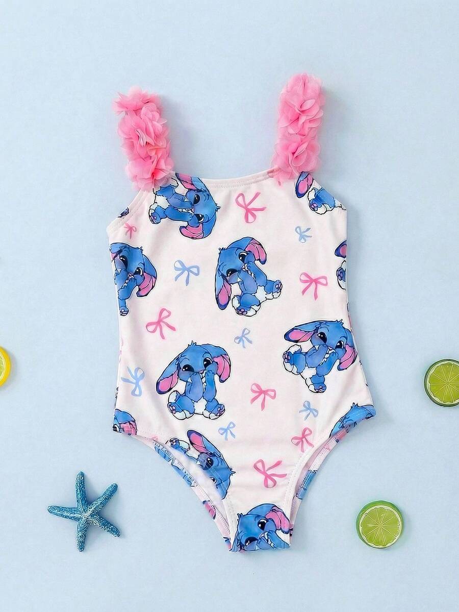 Baby Girl Bow Cartoon Print Casual Beach Vacation One-Piece Swimsuit,Kids - Blue - View 1