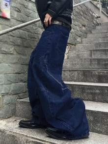 Manfinity EMRG 男士休闲时尚街头风破洞宽松喇叭牛仔裤，适合日常通勤，男士超大码牛仔裤，Y2K风格男士牛仔裤 - 深色水洗藍 - 查看 4