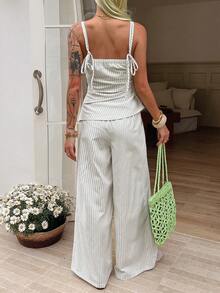 DAZY Striped Ruched Waist Cami Top & Wide Leg Pants Set - Beige - View 2