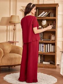 SHEIN Contrast Lace Tie Front Ruffle Hem PJ Set - Burgundy - View 2