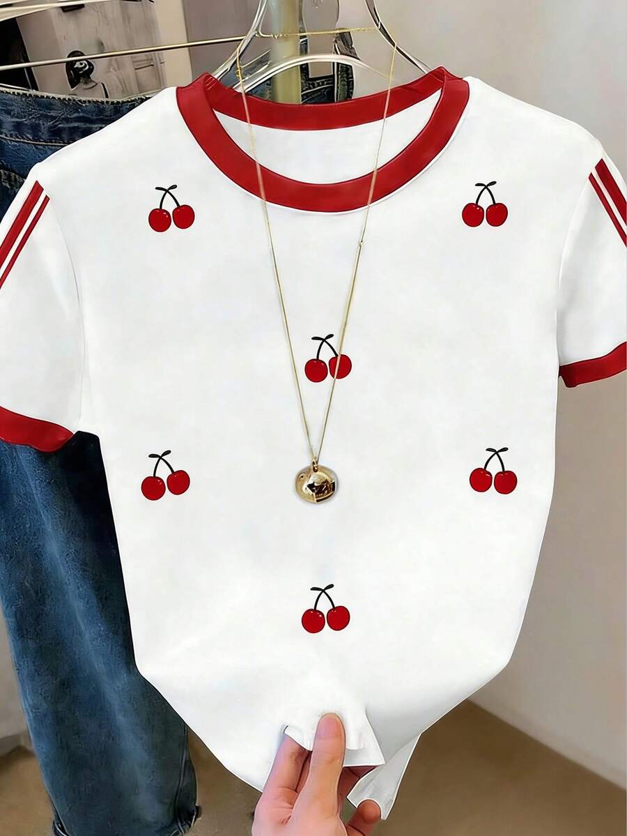 Tween Girl Casual Sweet Cherry Print Short Sleeve T-Shirt Casual Red Striped Round Neck Top, Suitable For Daily Wear And Outings, Spring To Summer - Multicolor - View 1