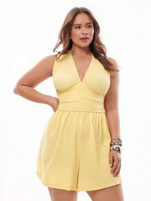 Solavibe Women Plus Size Butter Yellow Summer Romper,Smart Casual Sleeveless Solid Color Jumpsuit,Vacation Style Beach Holiday Outfits Curve Clothes - Yellow - View 5