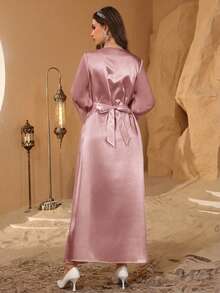 Al Najma 缎面纯色丝带装饰奢华3D立体花朵腰部优雅二合一连衣裙 - 粉色 - 查看 2