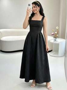 SHEIN 少女花卉提花欧根纱灯笼袖方领荷叶边系腰长款白色连衣裙，时尚法式优雅连衣裙 - 黑色 - 查看 1