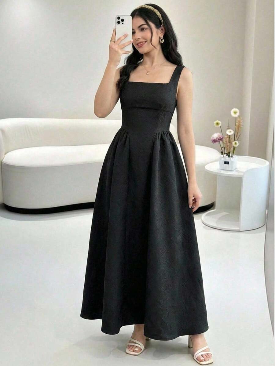 SHEIN 少女花卉提花欧根纱灯笼袖方领荷叶边系腰长款白色连衣裙，时尚法式优雅连衣裙 - 黑色 - 查看 1