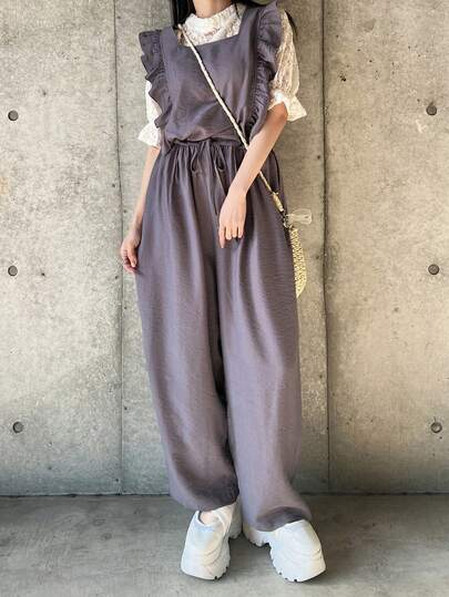 FRIFUL 女士荷叶边细肩带系腰阔腿裤，纯色，及地长款，夏季连体裤