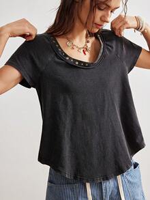 Bohemela 女士休闲纯色针织宽领不对称深V露背水洗短袖T恤，适合度假夏季穿着，黑色上衣 - 黑色 - 查看 4