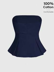 Siren Gaze 亚麻棉抹胸：凸显腰线的波西米亚风职场装 | Old Money Elegance 2025 夏季新品发布 | 日夜过渡 & 职场风格 海军蓝抹胸 无肩带荷叶边上衣 女式无肩带上衣 女式荷叶边上衣 - 藏蓝色 - 查看 5