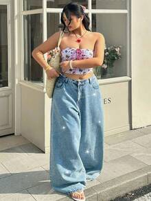 GalTyme Jeans de pierna ancha con lavado y adornos de rhinestones para tallas grandes - Azul - Ver 2