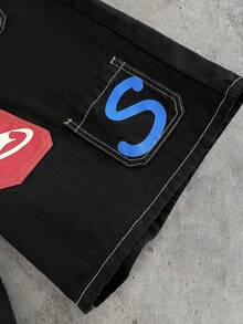 AXEPEAK Men's Washed Letter Print Fashion Denim Shorts - Black - View 5