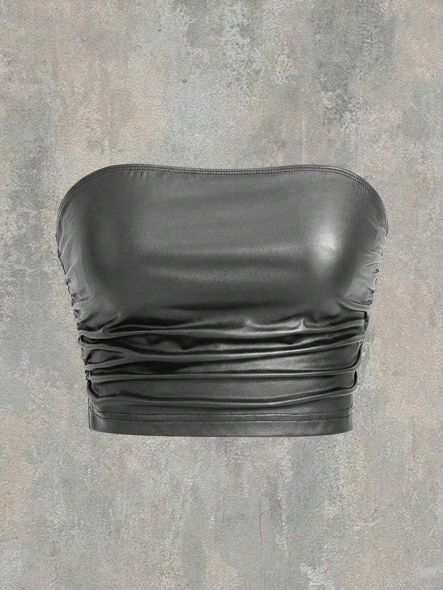 SHEIN EZwear 女士简约纯色褶皱PU抹胸上衣 - 灰色 - 查看 1