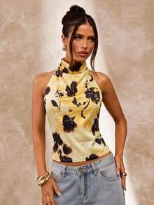 SHEIN BAE Yellow Floral Print Halter Neck Casual Top, Yellow Top, Elegant Top, Vacation Top, Wedding Attire Top, Back To School/Graduation Season Top - Yellow - View 4